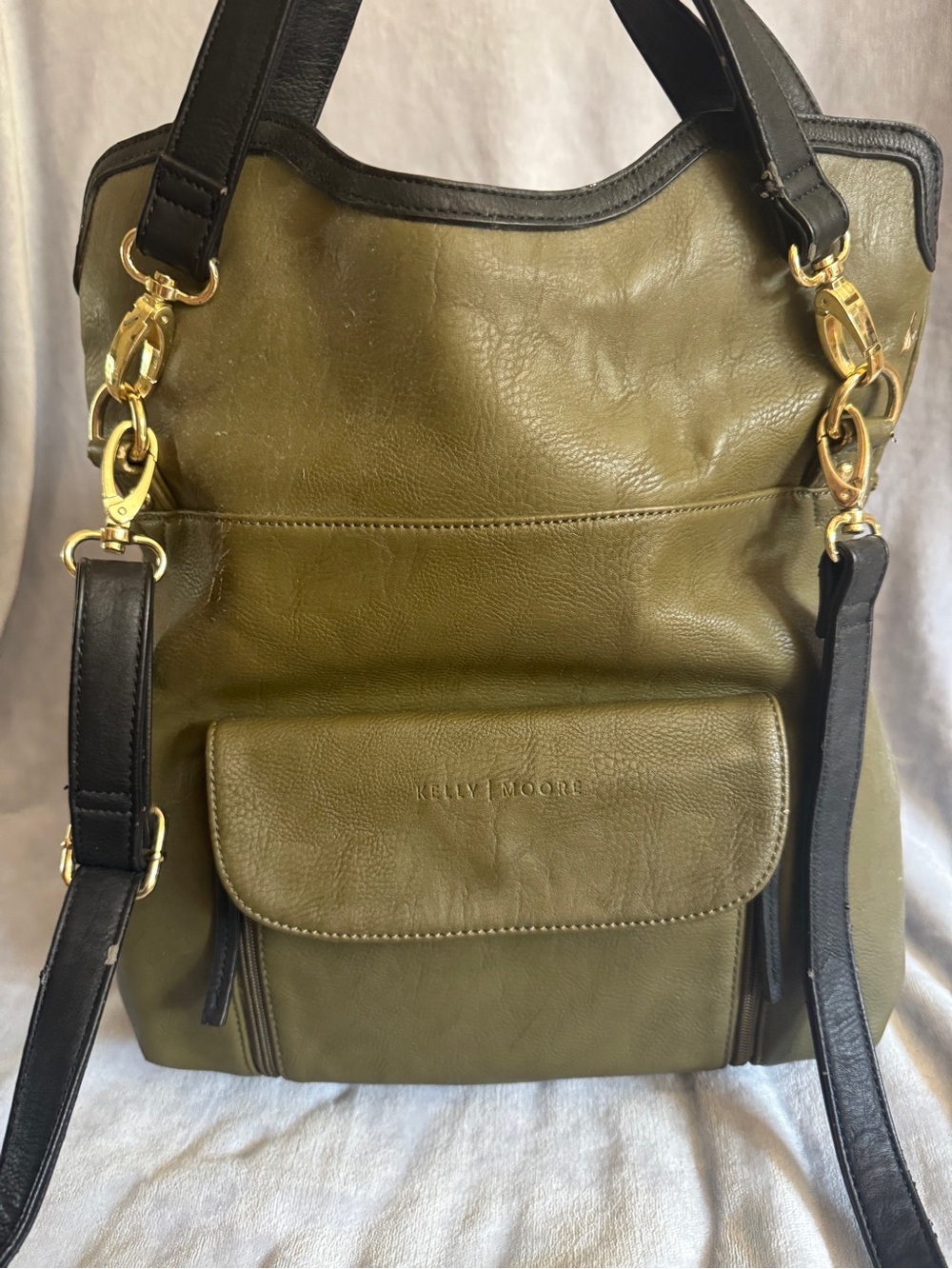 Kelly Moore Olive Green Leather Tote with Black Trim & Gold Hardware